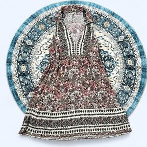 En Crème Small White Green Pink Collared Flowy Boho Tank Mini Baby Doll Dress